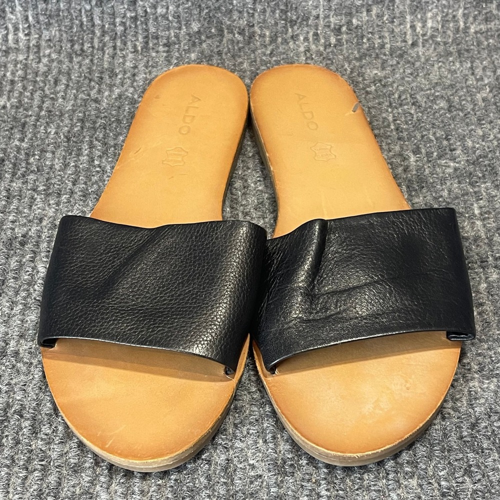 Aldo Leather Slide Sandals Womens 8 Black Flat‎ Minimalist Slip On Euro Summer